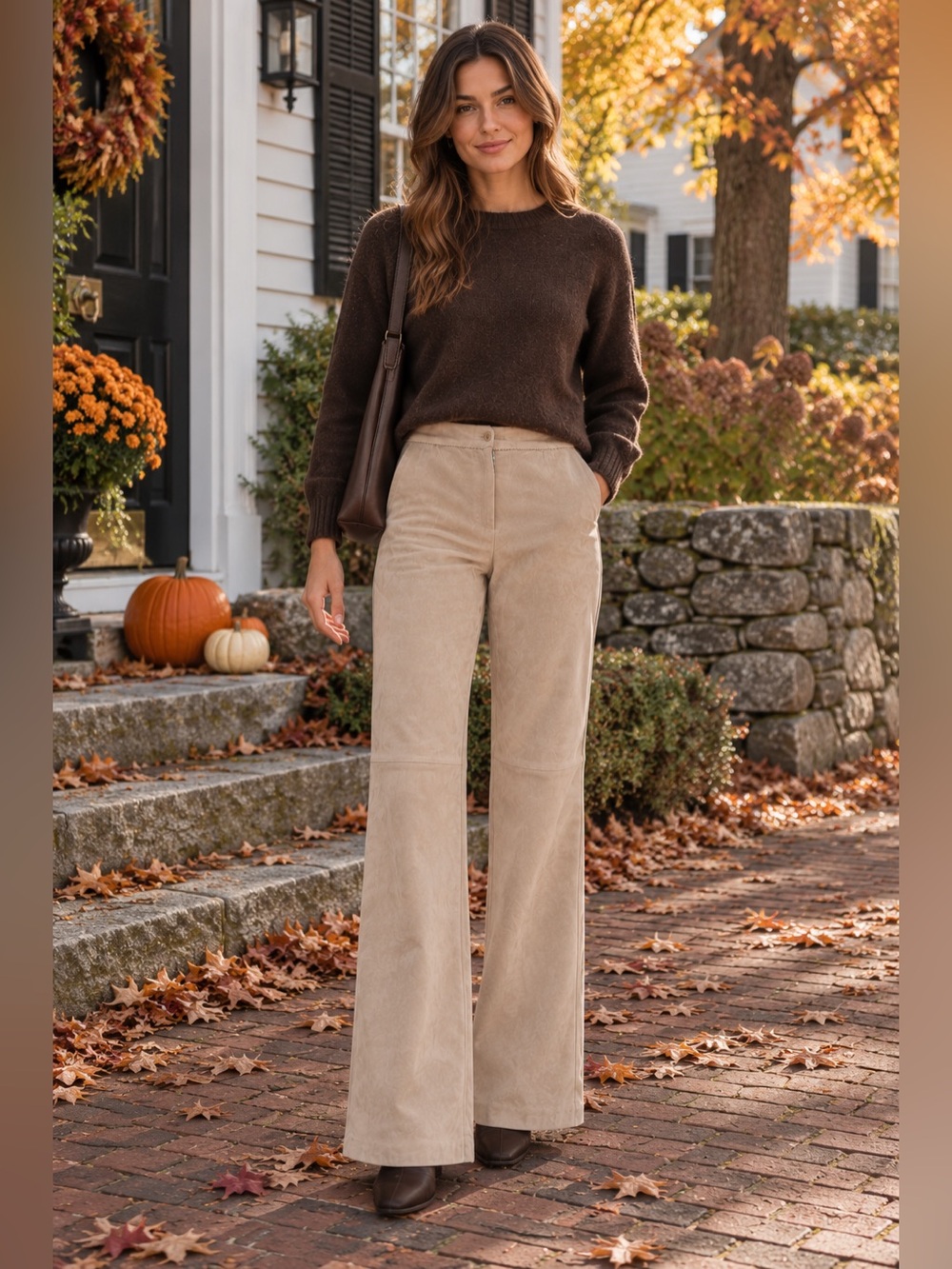 BCBG MaxAzria Genuine Suede Leather Flare Pants Sz 8 Bone 32” Inseam